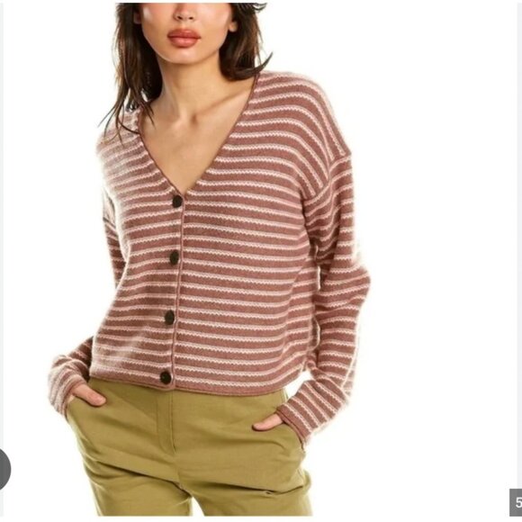 Theory Sweater Womens P Brown Pink Stripe Box Cardi Cashmere Cropped Cardigan - Picture 1 of 5